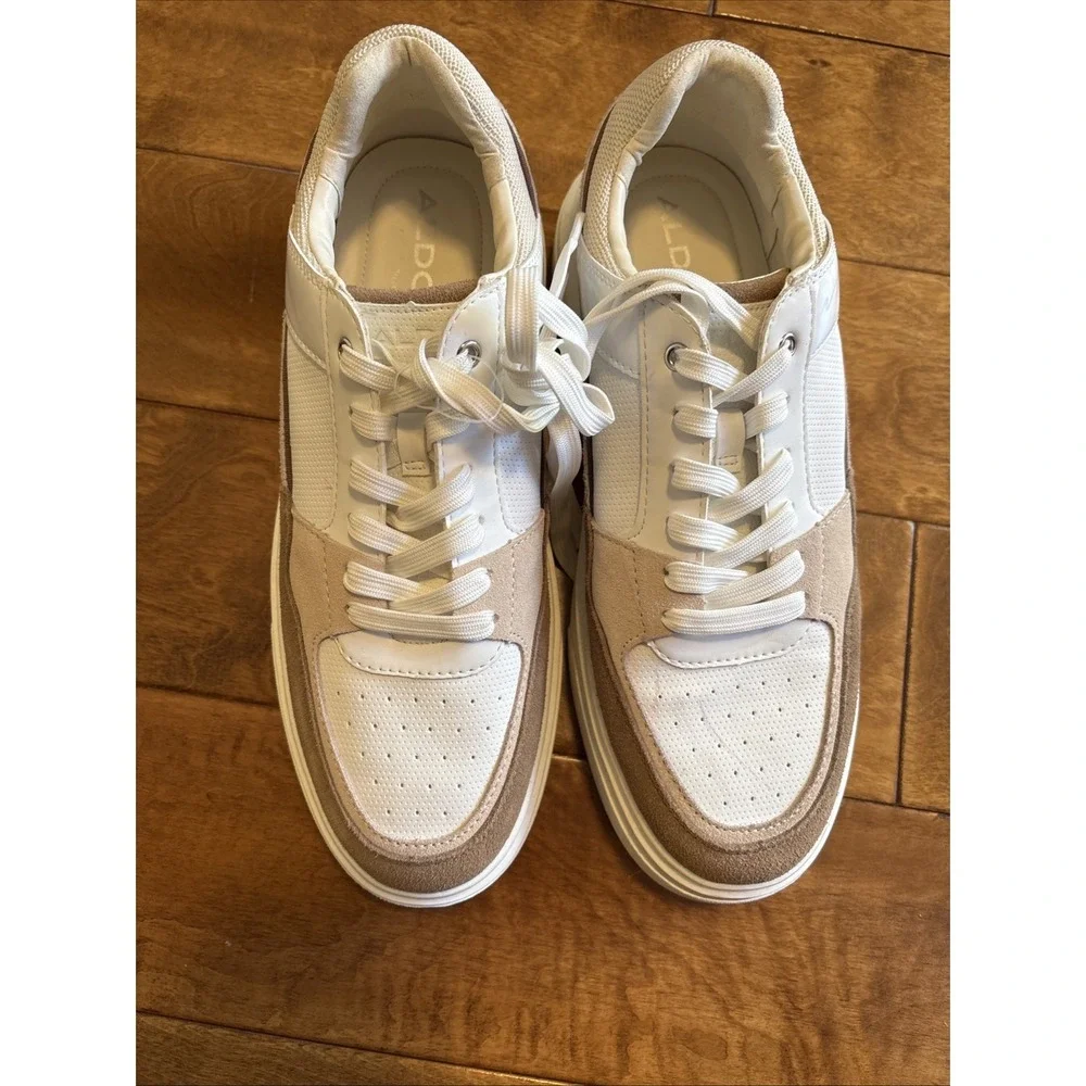 ALDO Men's Low Top Lace Sneakers White Beige Colorblock Sz 10.5 Euro 43.5 Casual